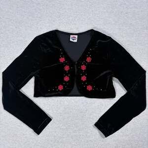 New Legends Velvet Cardigan Size 12 kids Black Floral Applique Crop Shrug